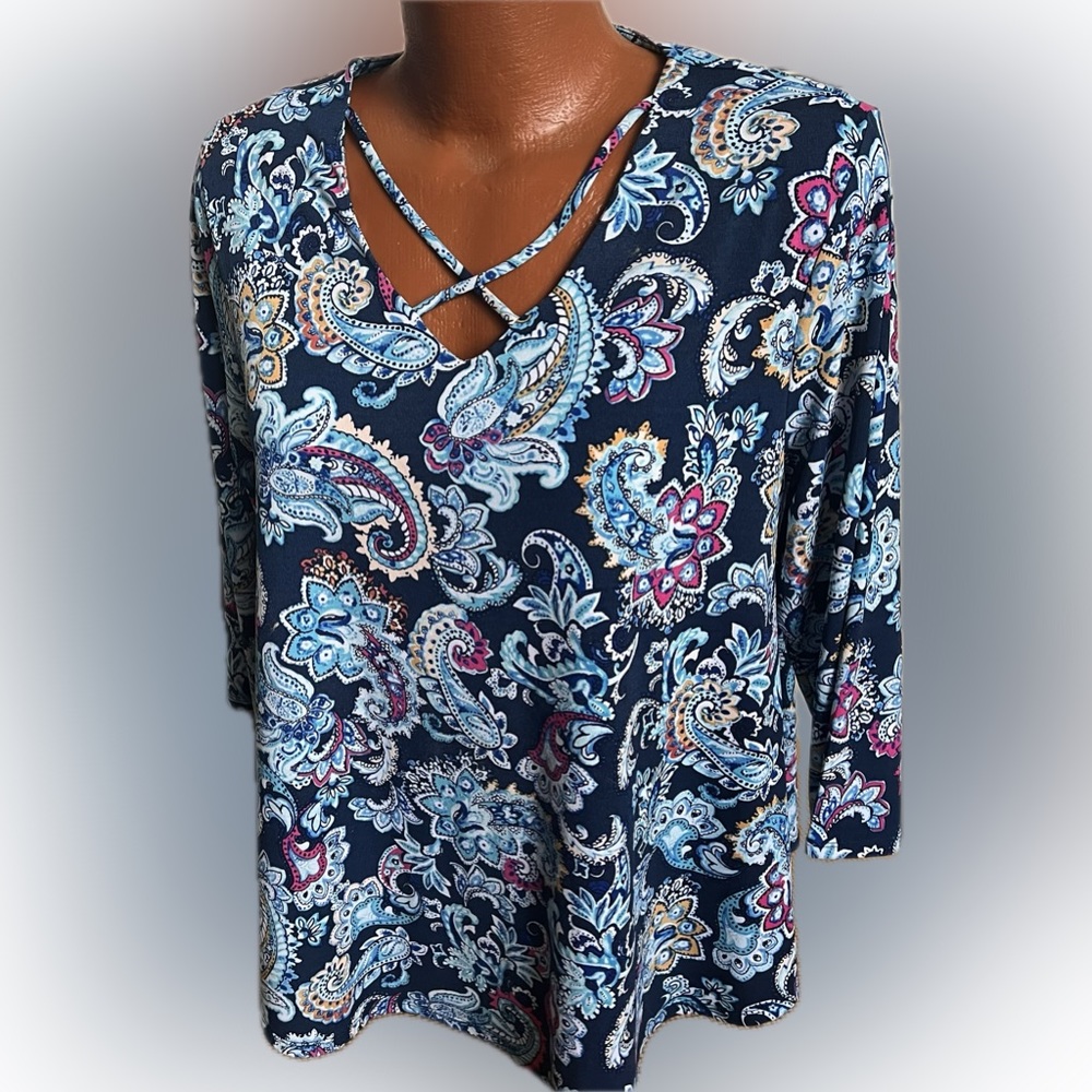 Chico’s Paisley Print Top - Blues with crossover detail neckline 2 L 10/12